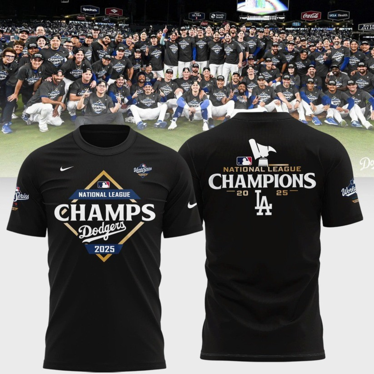Los Angeles Dodgers NATIONAL LEAGUE CHAMPIONS 2025 2-Side Black T-shirt