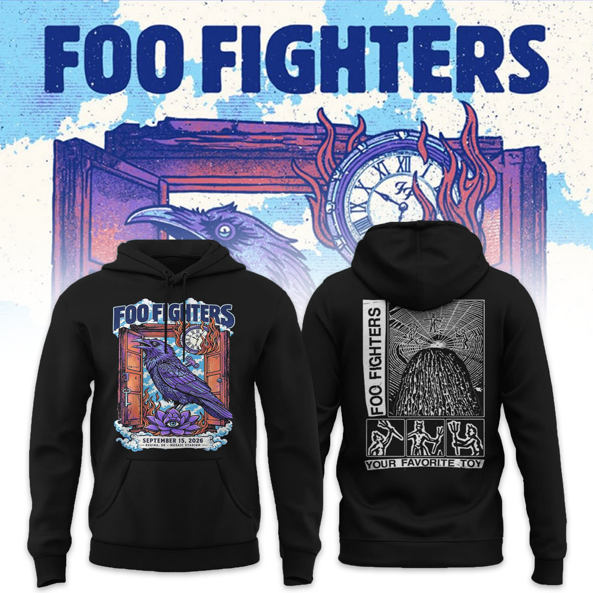 Foo Fighters Tour Poster Artwork Featuring Purple Raven Clock And Lotus Flower Hoodie