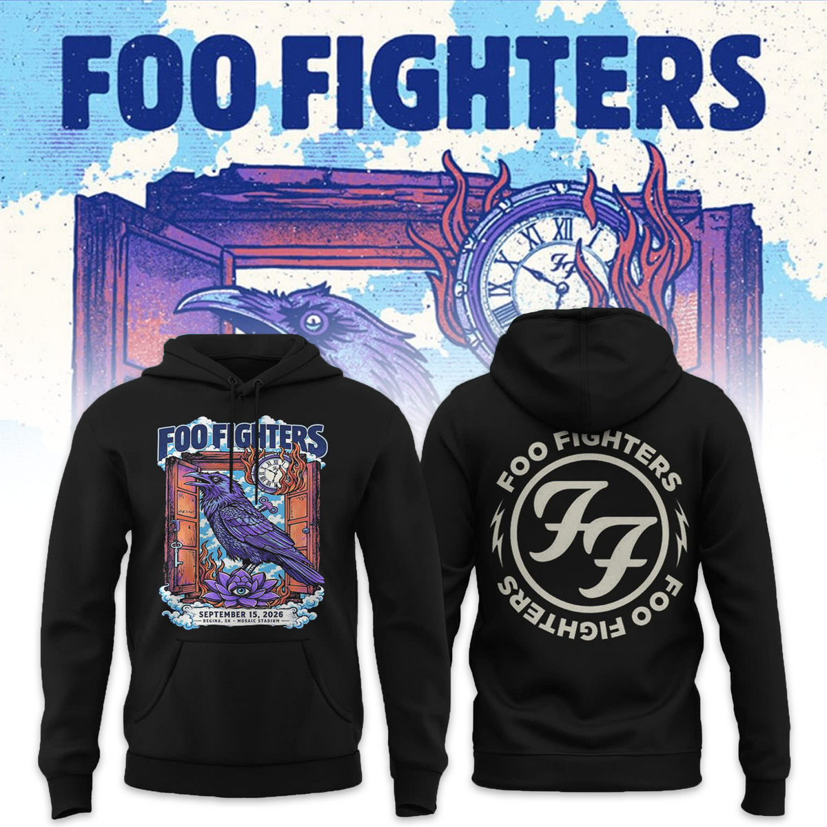 Foo Fighters Tour Poster Artwork Featuring Purple Raven Clock And Lotus Flower Hoodie