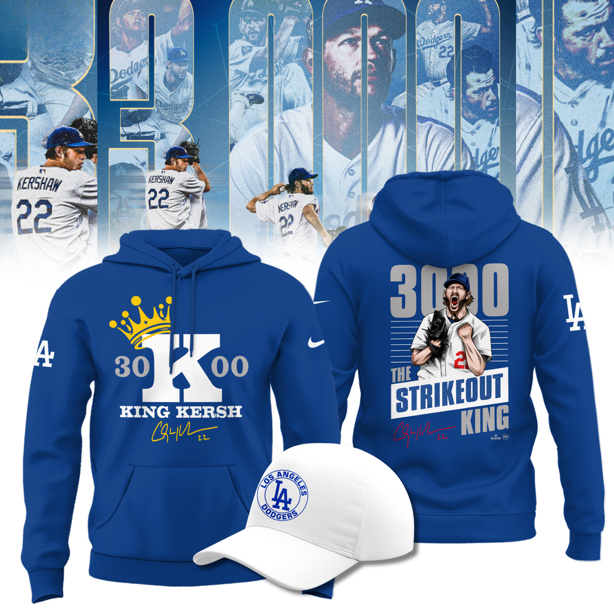 Clayton Kershaw 3000 Strikeout Club Hoodie - Los Angeles Dodgers Blue Hoodie