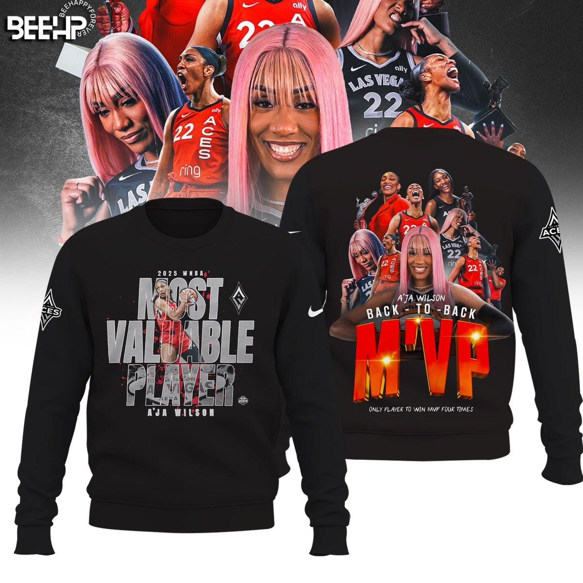 Unisex Las Vegas Aces A’ja Wilson Playa Society Black 2025 WNBA MVP Sweatshirt