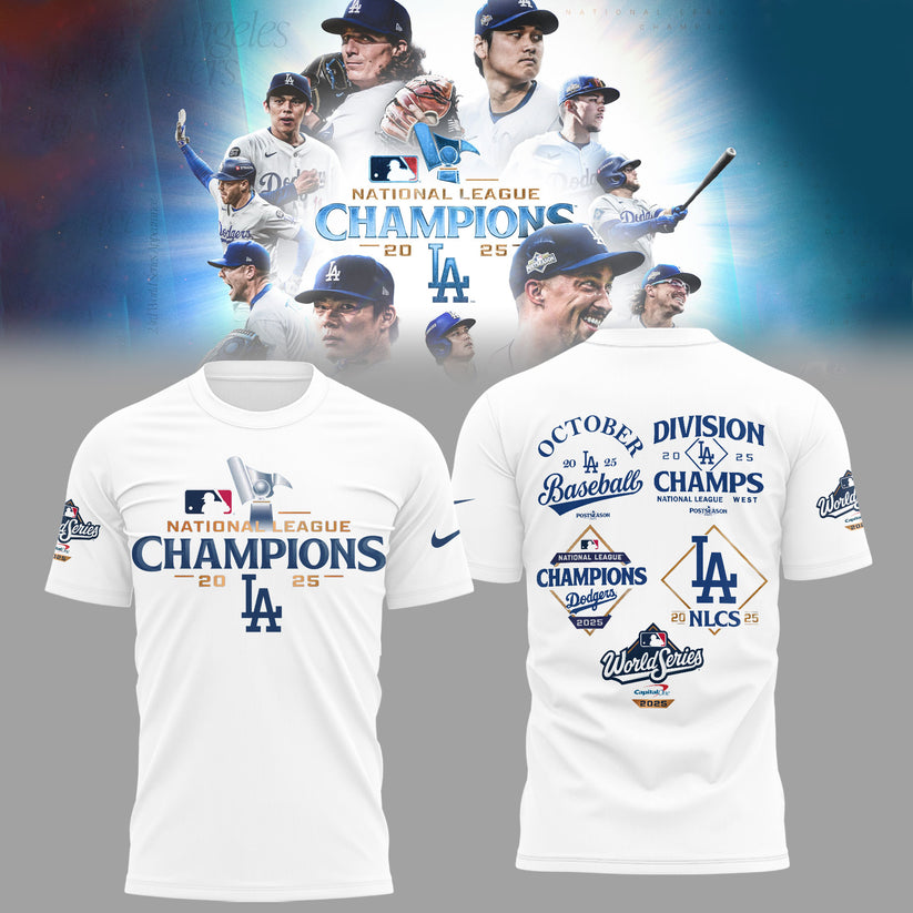 Los Angeles Dodgers NATIONAL LEAGUE CHAMPIONS 2025 2-Side White T-shirt
