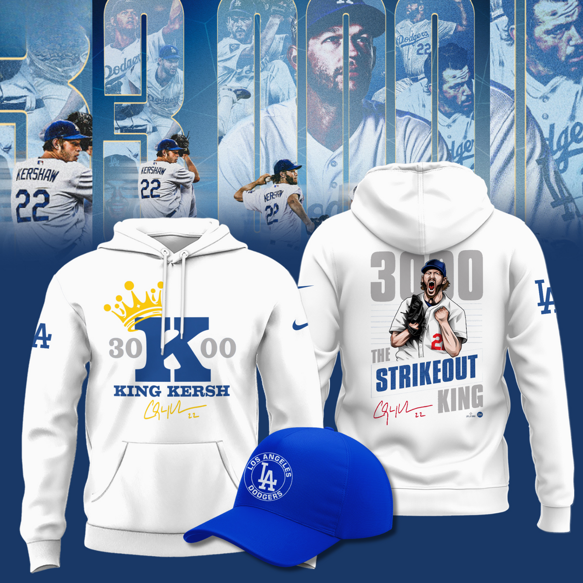 Clayton Kershaw 3000 Strikeout Club Hoodie - Los Angeles Dodgers White Hoodie