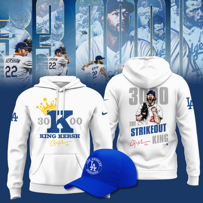 Clayton Kershaw 3000 Strikeout Club Hoodie - Los Angeles Dodgers White Hoodie