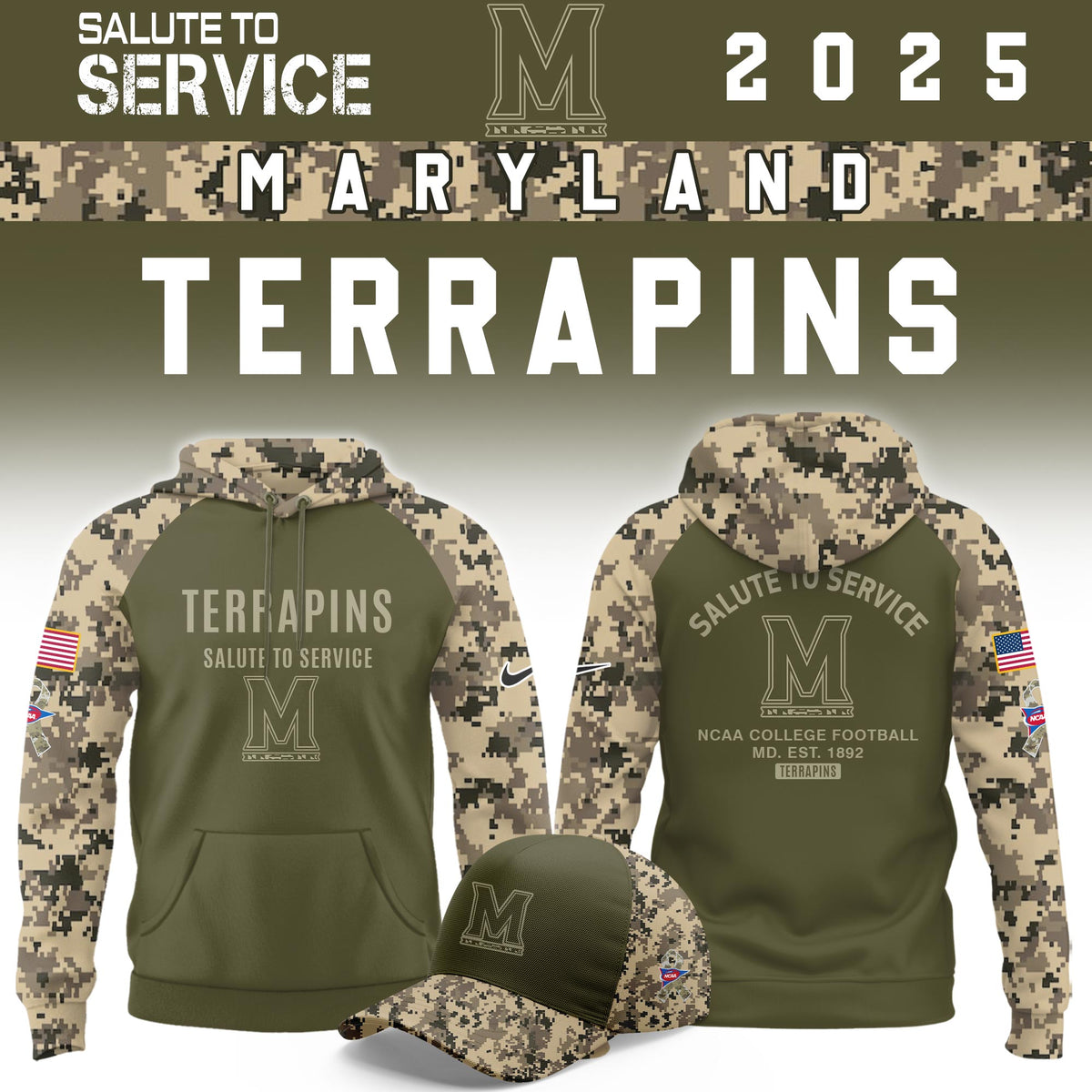 Maryland Terrapins Salute To Service Limited Hoodie and Cap 2025 Collection
