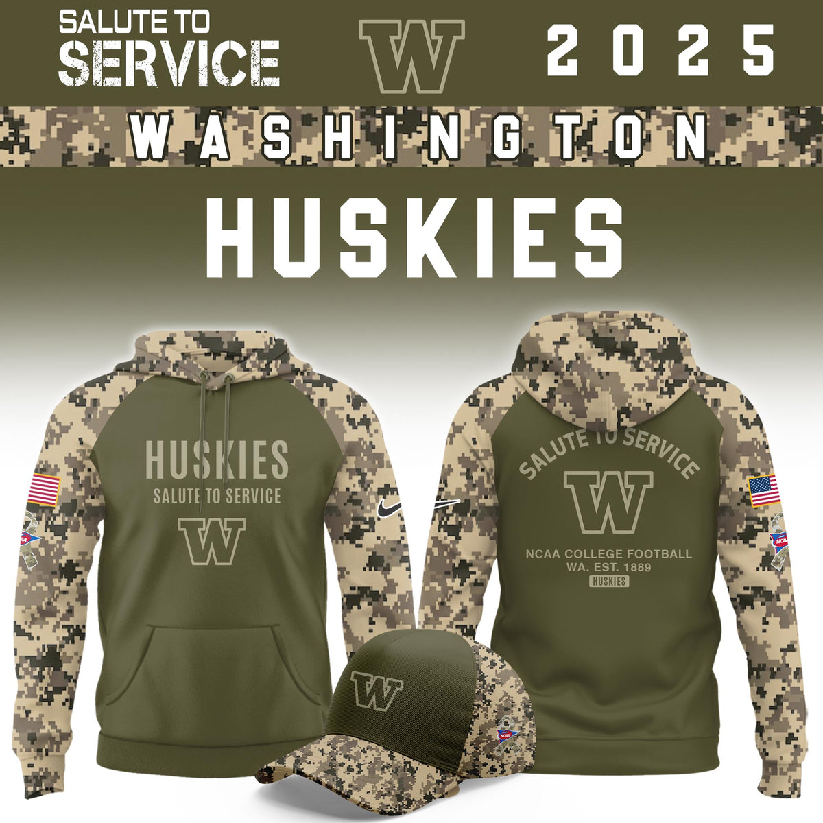 Washington Huskies Salute To Service Limited Hoodie and Cap 2025 Collection
