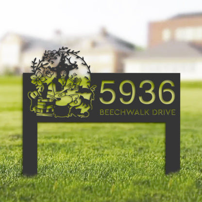 Personalized Witch and black cat halloween Metal Address Sign House number Hanging Address Plaque Yard Sign Outdoor Sign Garden Stake