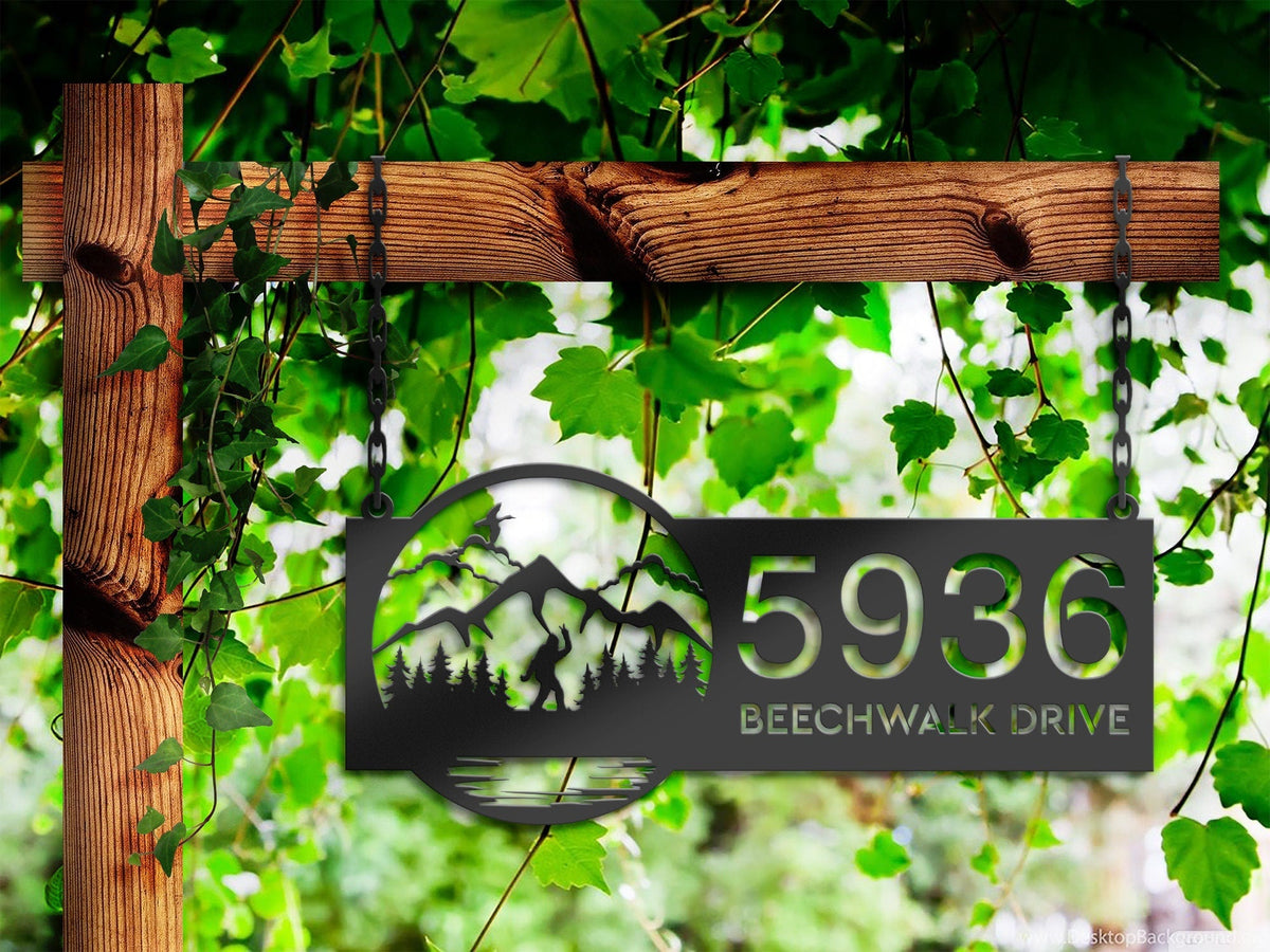 Personalized Bigfoot Sasquatch wild life forest Metal Address Sign House number Hanging Address Plaque Yard Sign Outdoor Sign Garden Stake