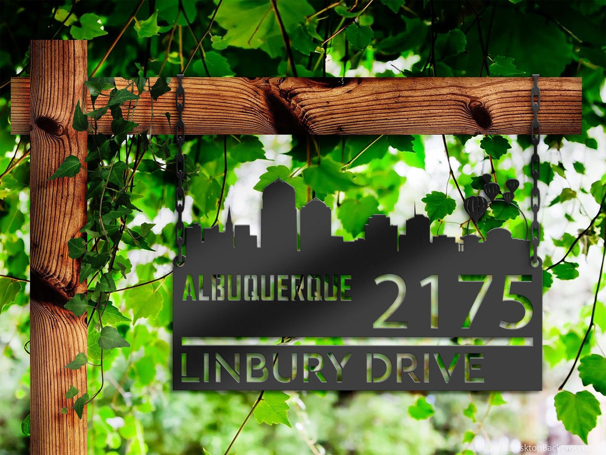 Personalized Albuquerque city skyline Metal Address Sign Hanging Address Plaque house number Yard Outdoor Sign Garden Stake
