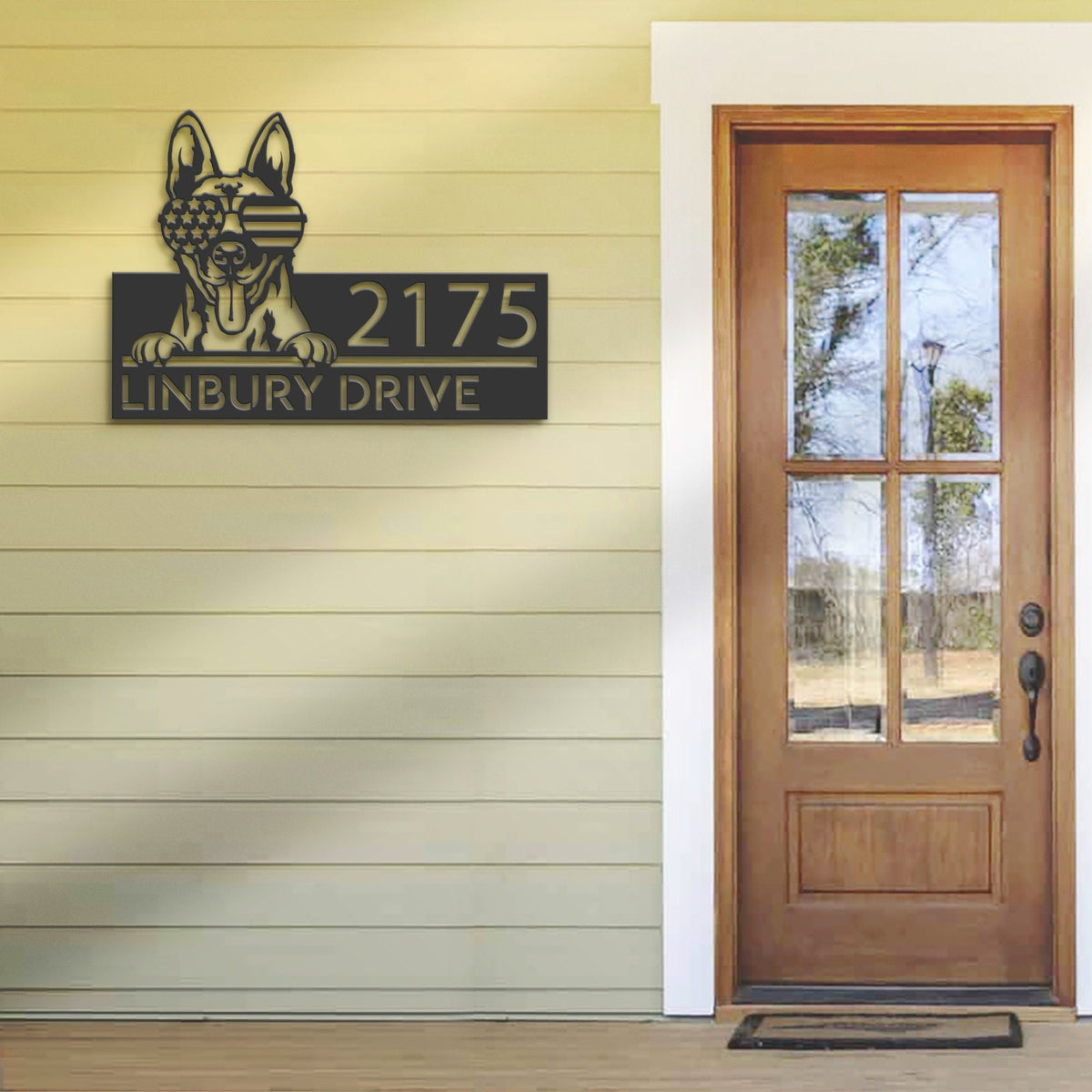 Personalized Belgian Malinois dog US glasses Metal Address Sign House number Hanging Address Plaque Yard Sign Outdoor decor Garden Stake