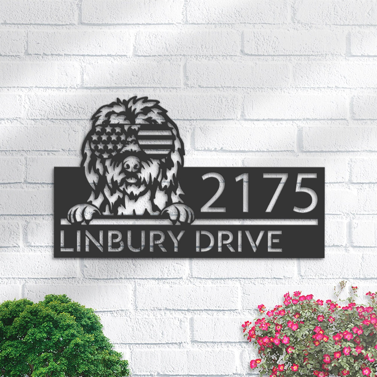 Personalized Old English Sheepdog US flag glasses Metal Address Sign House number Hanging Address Plaque Yard Outdoor decor Garden Stake