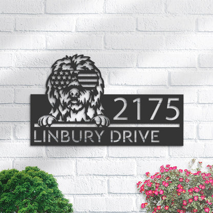 Personalized Old English Sheepdog US flag glasses Metal Address Sign House number Hanging Address Plaque Yard Outdoor decor Garden Stake