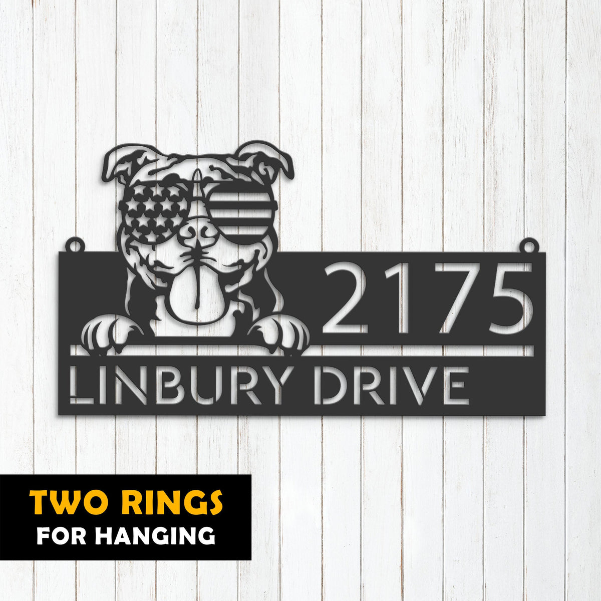 Personalized American Bully dog US flag glasses Metal Address Sign House number Hanging Address Plaque Yard Sign Outdoor decor Garden Stake