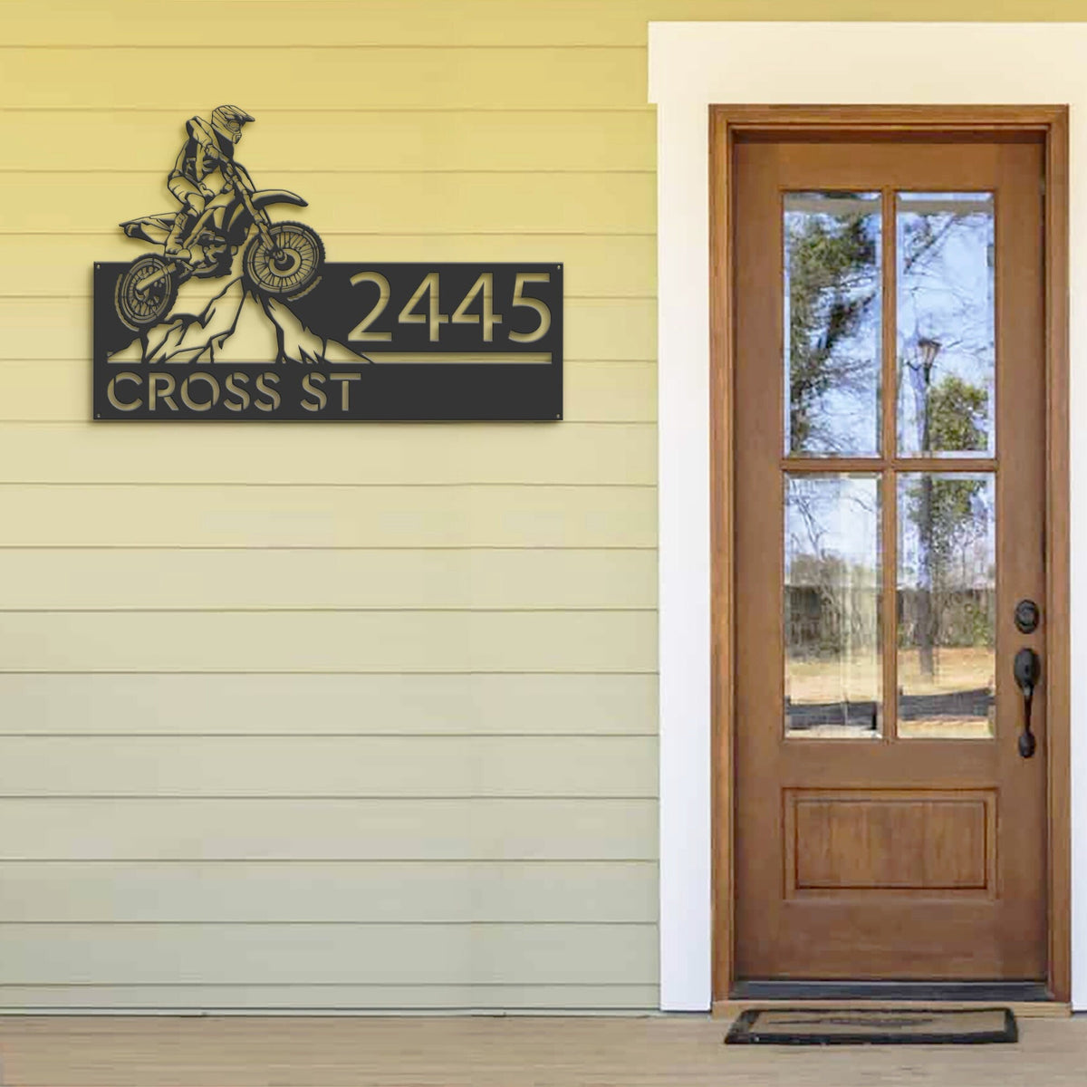 Personalized Dirtbike Motocross rider Mountain climbing Metal Address Sign | Hanging Address Plaque | Yard Sign, Outdoor Sign | Garden Stake