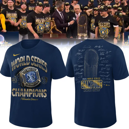 Special New Milwaukee Brewers 2026 World Series Champions Locker Room Signature Authentic T-Shirt