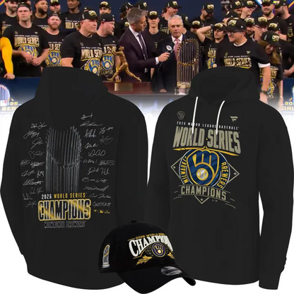 2.Milwaukee Brewers Black 2026 World Series Champions Locker Room Authentic Hoodie