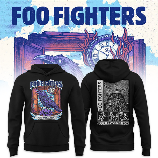 Foo Fighters Tour Poster Artwork Featuring Purple Raven Clock And Lotus Flower Hoodie