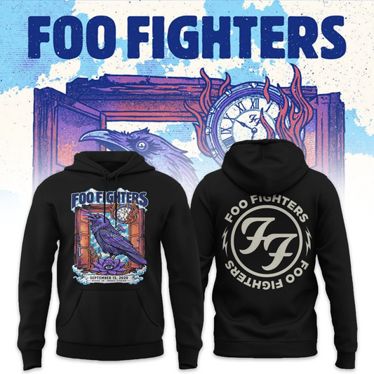 Foo Fighters Tour Poster Artwork Featuring Purple Raven Clock And Lotus Flower Hoodie