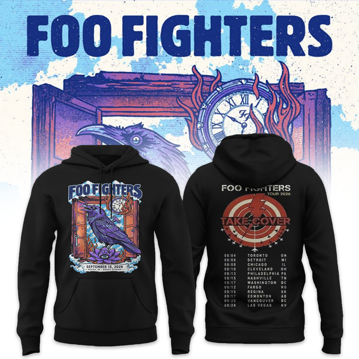 Foo Fighters Tour Poster Artwork Featuring Purple Raven Clock And Lotus Flower Hoodie