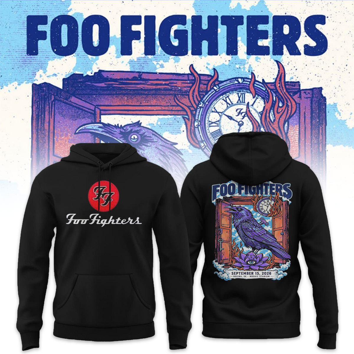 Foo Fighters Tour Poster Artwork Featuring Purple Raven Clock And Lotus Flower Hoodie